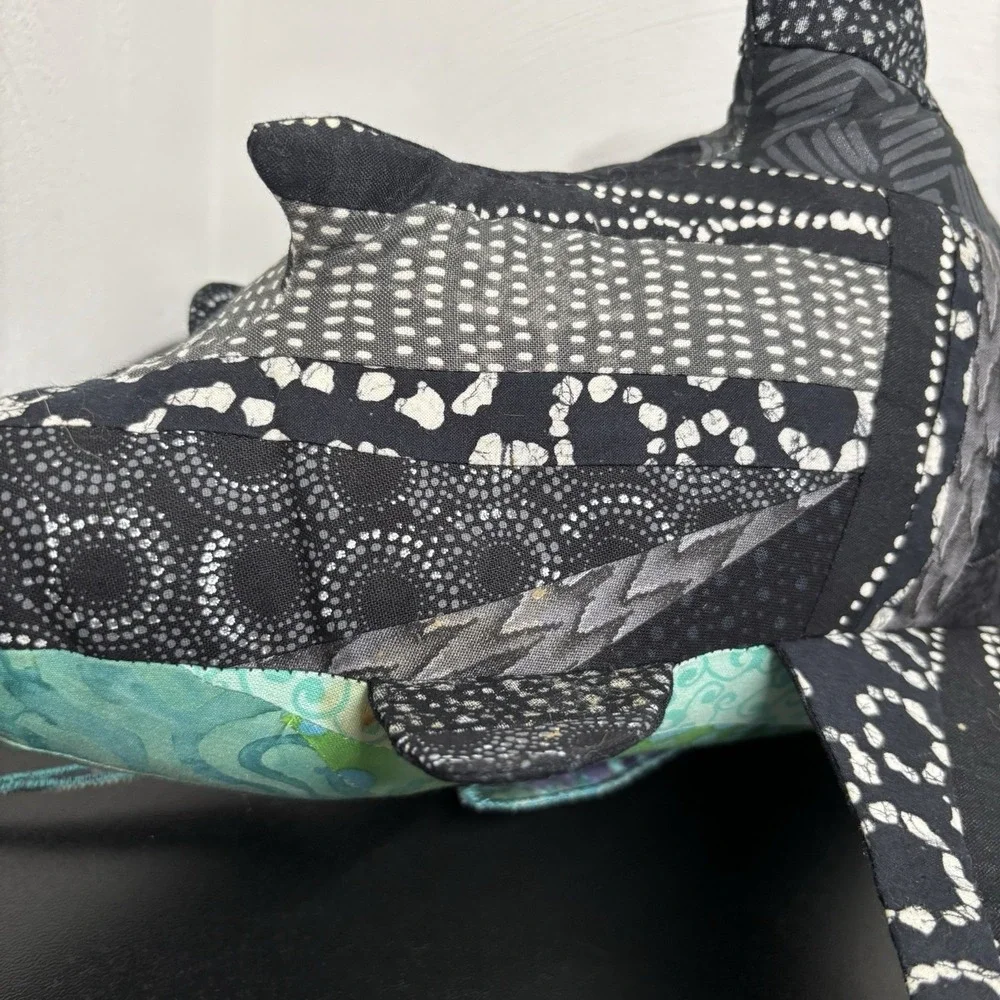 Handmade Fabric Shark Plush Collectible‎ Textile Abstract 16x8 Black Teal Art